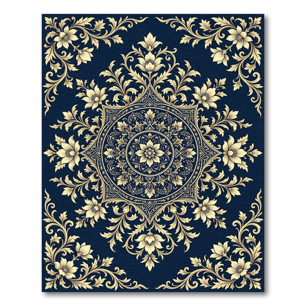 Elegant Navy Floral Gold Medallion Rug
