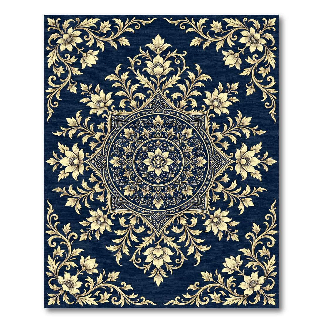 Elegant Navy Floral Gold Medallion Rug