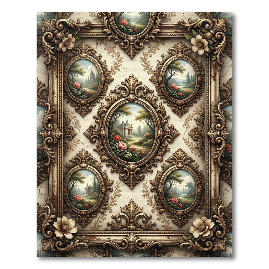 Ornate Floral Landscape Oval Frames Rug