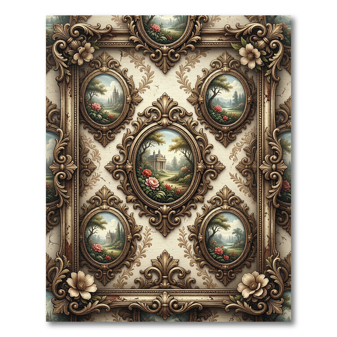 Ornate Floral Landscape Oval Frames Rug