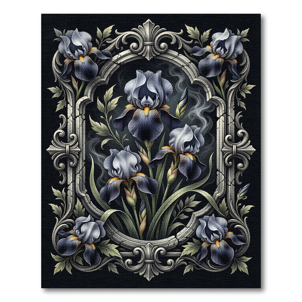 Elegant Dark Iris Gothic Floral Frame Rug