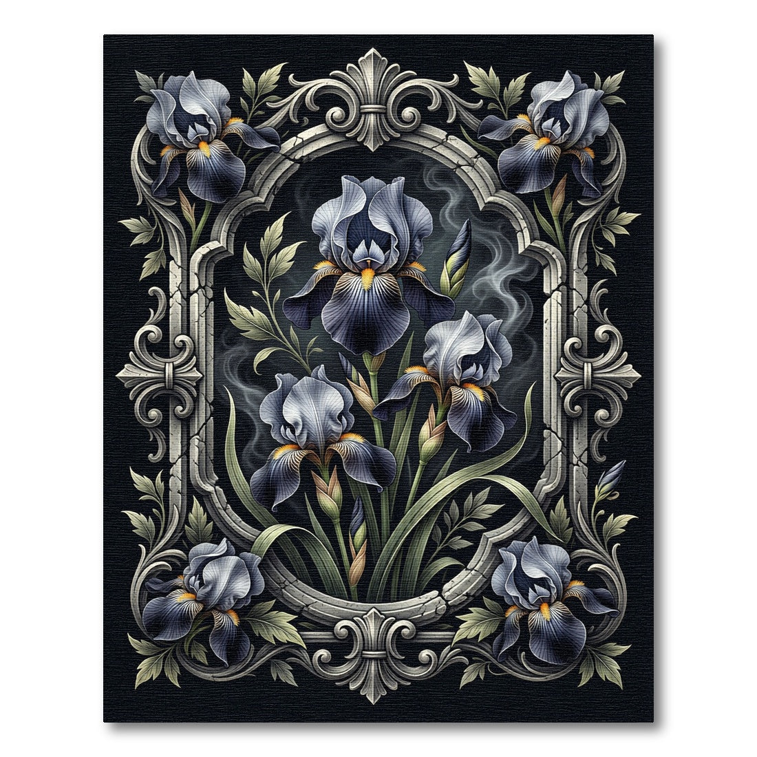 Elegant Dark Iris Gothic Floral Frame Rug