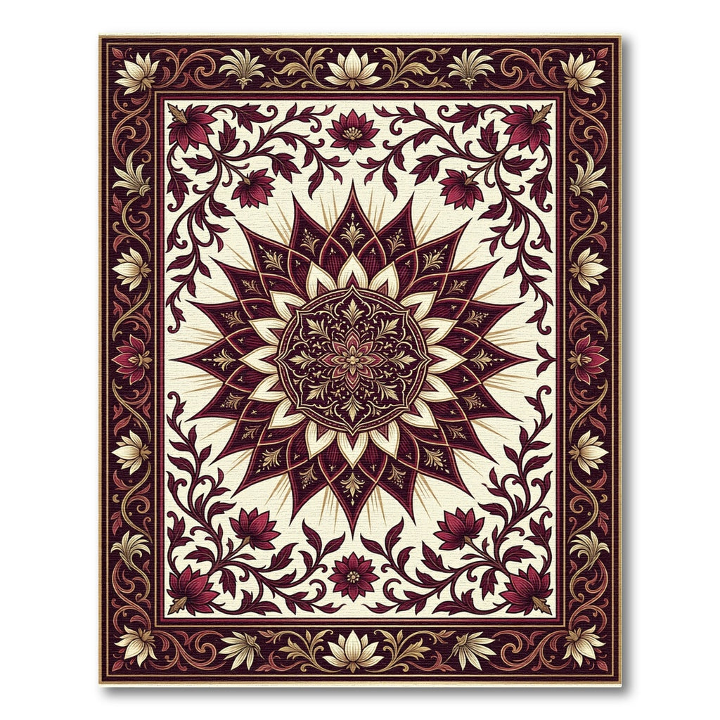 Burgundy Cream Floral Sun Medallion Rug