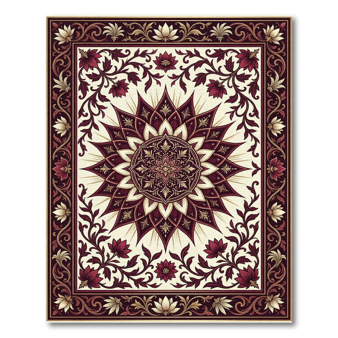 Burgundy Cream Floral Sun Medallion Rug