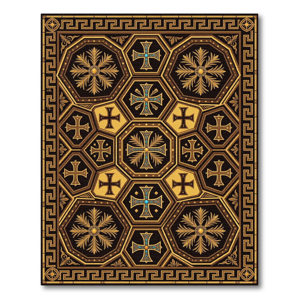 Golden Teal Cross Hexagon Medallion Rug