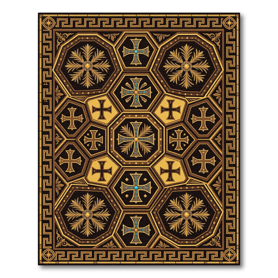 Golden Teal Cross Hexagon Medallion Rug