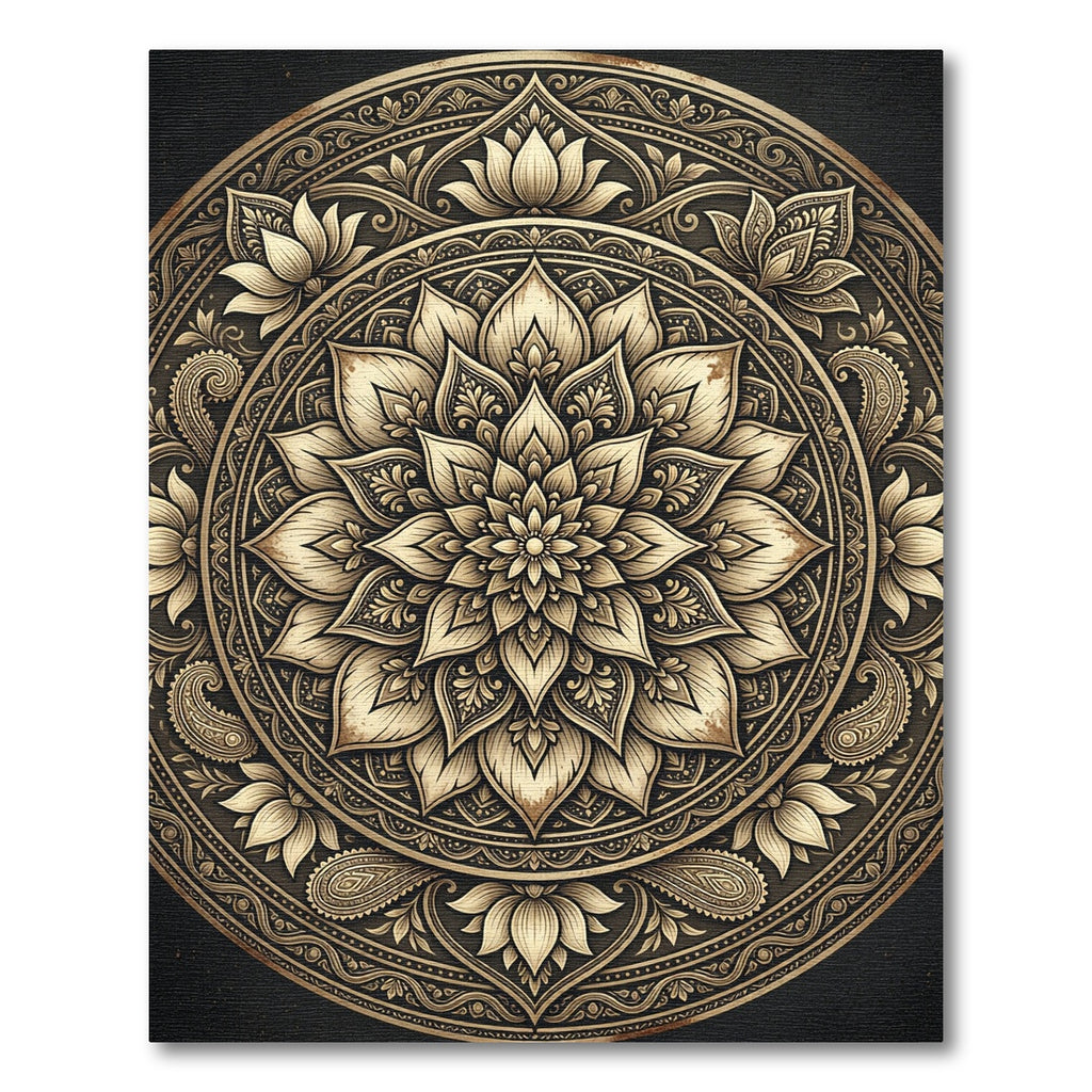 Ornate Golden Lotus Mandala Medallion Rug