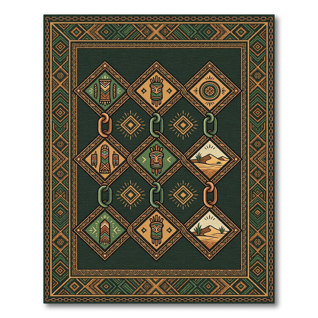 Green Tribal Diamond Mask Desert Rug