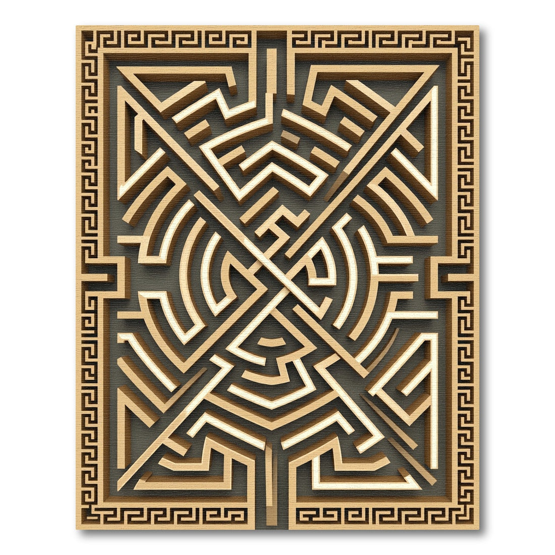 Golden Greek Key Maze Geometric Art Rug