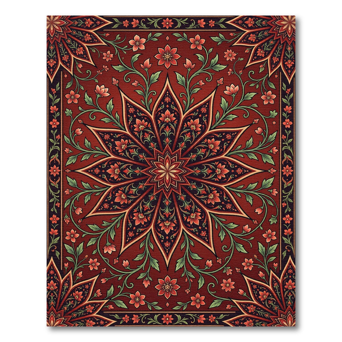 Crimson Floral Medallion Botanical Art Rug