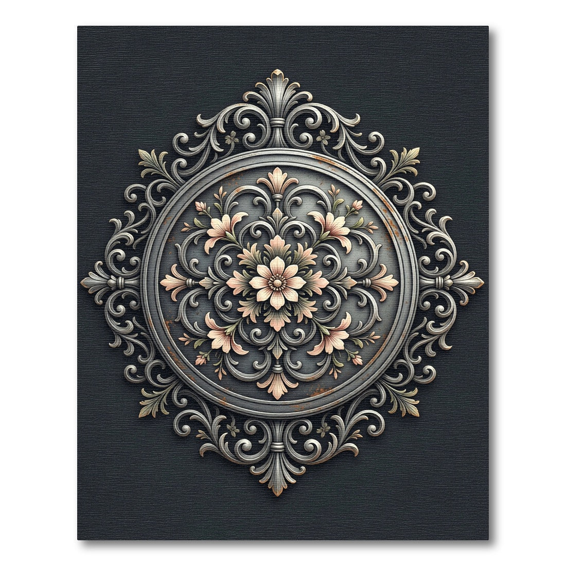 Ornate Metallic Silver Floral Medallion Rug