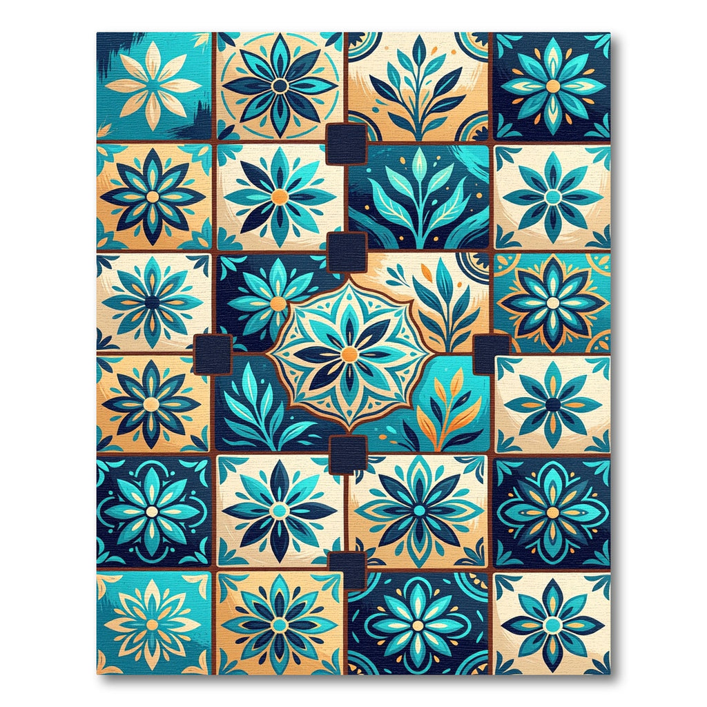 Coastal Teal Floral Medallion Tile Rug
