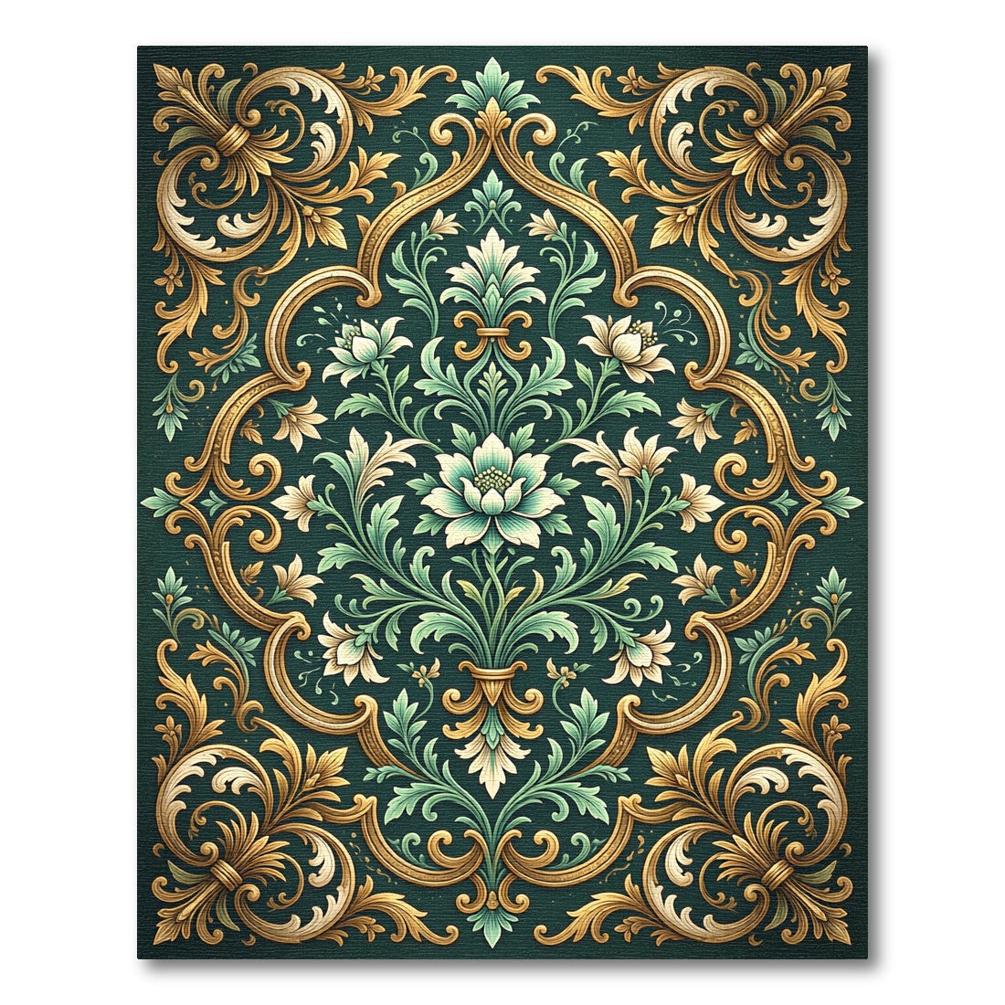 Elegant Emerald Gold Damask Floral Rug