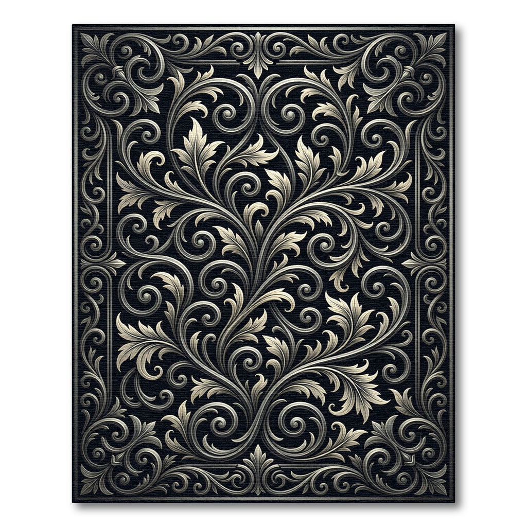 Ornate Black Floral Scrollwork Rug