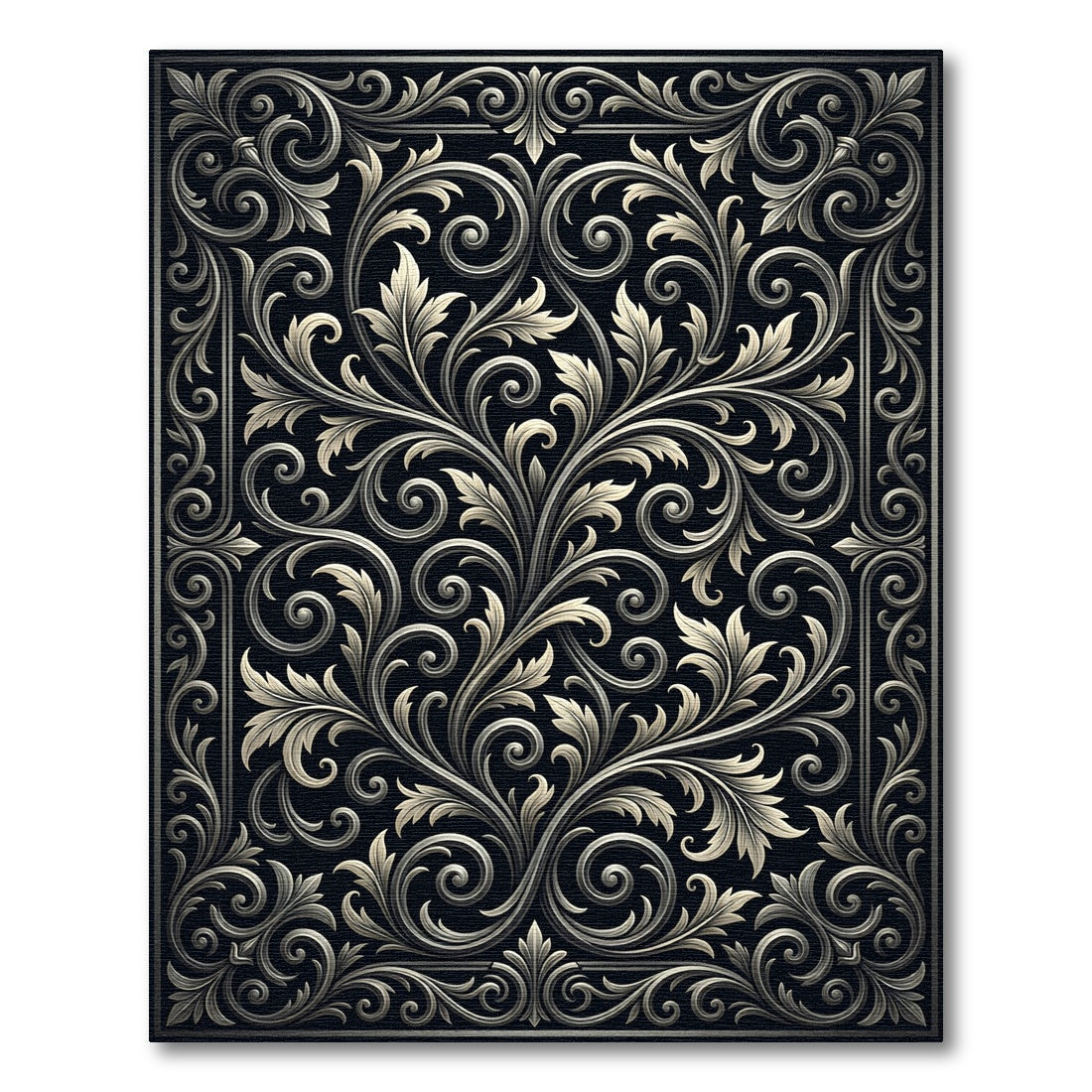 Ornate Black Floral Scrollwork Rug