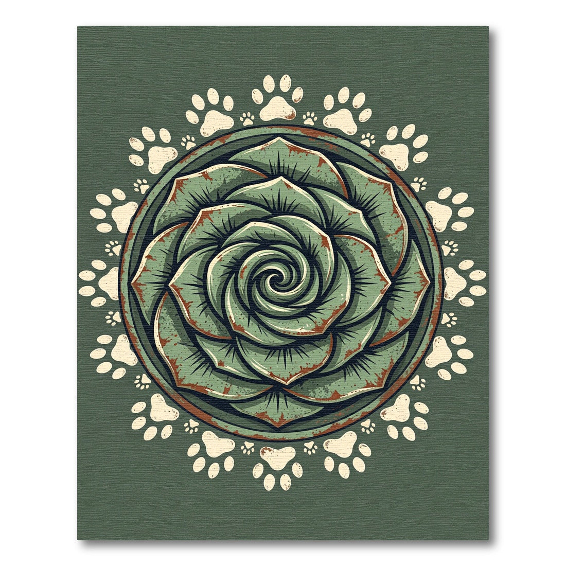 Sage Succulent Mandala with Paw Prints Rug