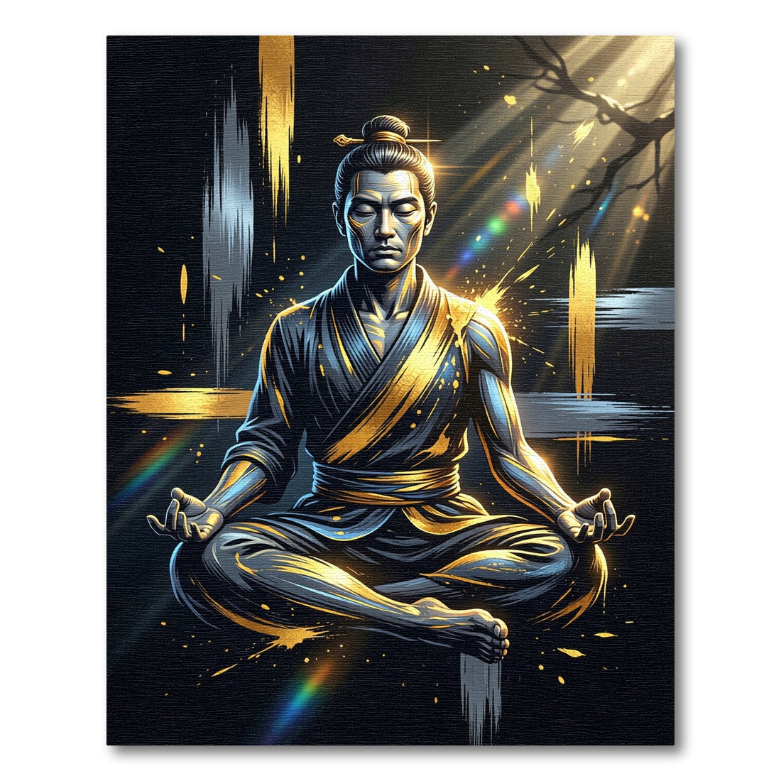Zen Meditating Samurai Gold Black Accent Rug