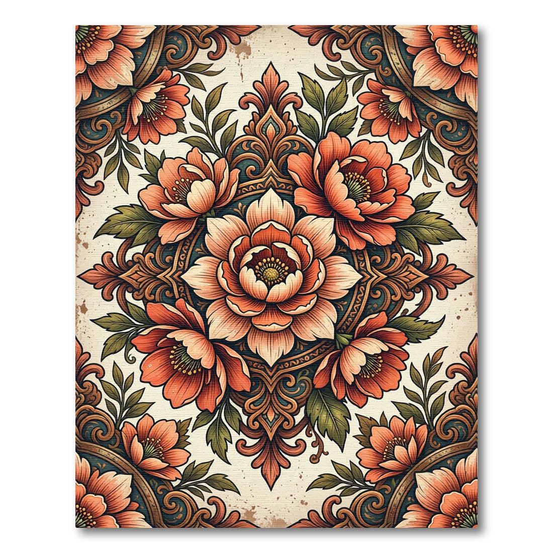 Floral Peach Medallion Ornate Damask Rug