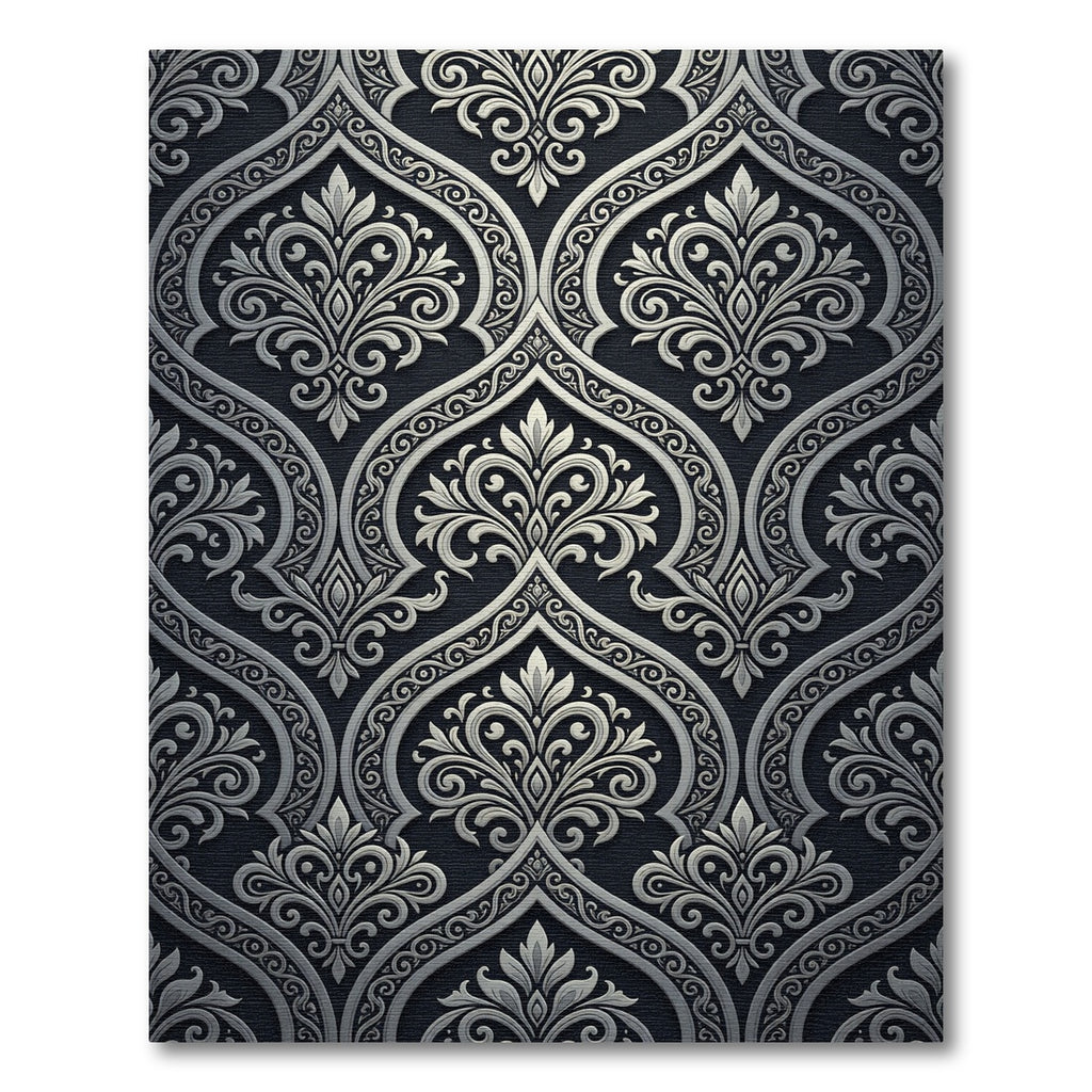 Elegant Black Silver Damask Scroll Rug