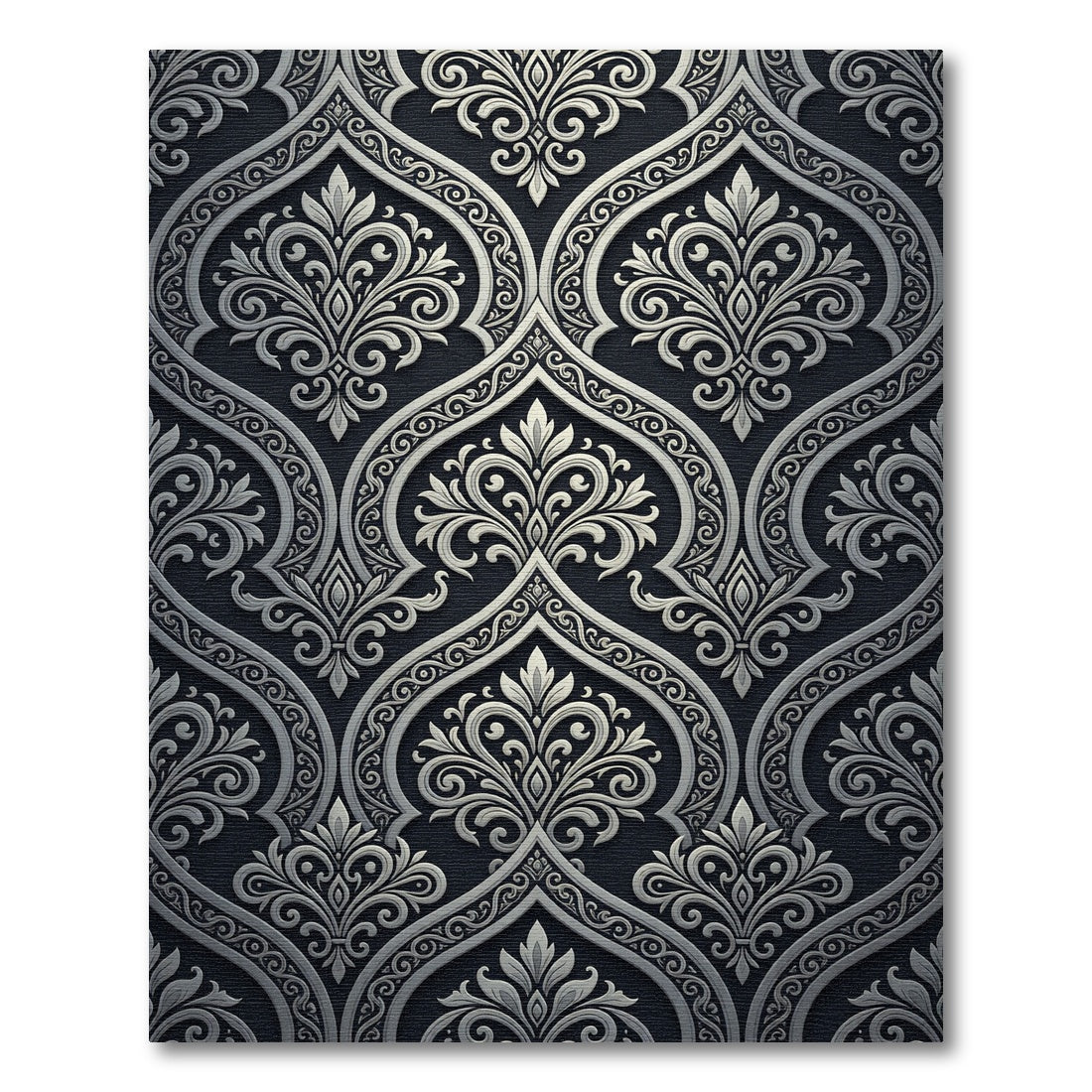 Elegant Black Silver Damask Scroll Rug