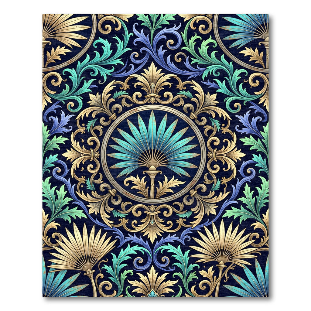 Ornate Teal and Gold Fan Medallion Rug