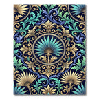Ornate Teal and Gold Fan Medallion Rug