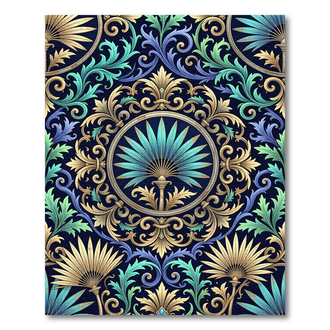 Ornate Teal and Gold Fan Medallion Rug