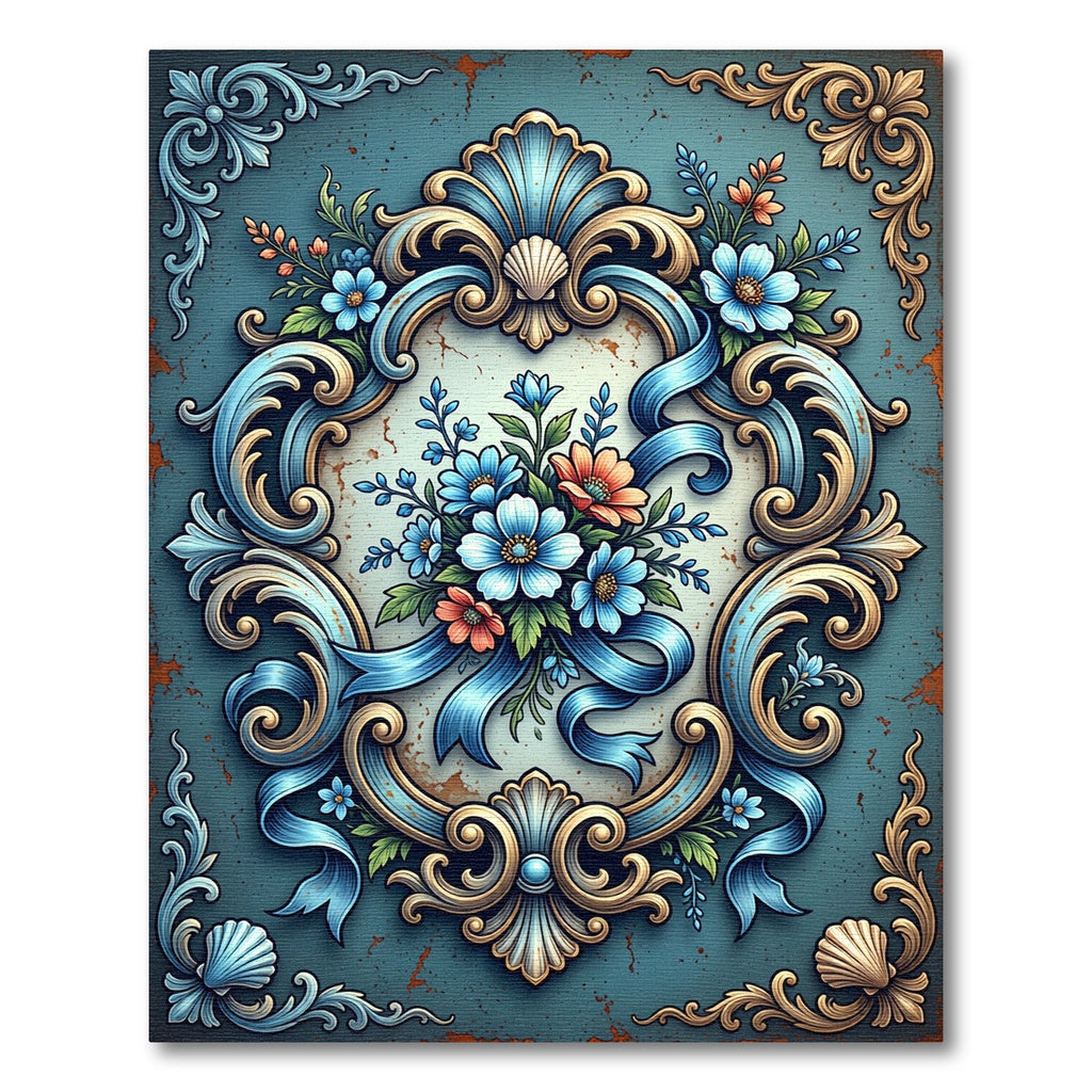 Ornate Blue Floral Baroque Scroll Rug