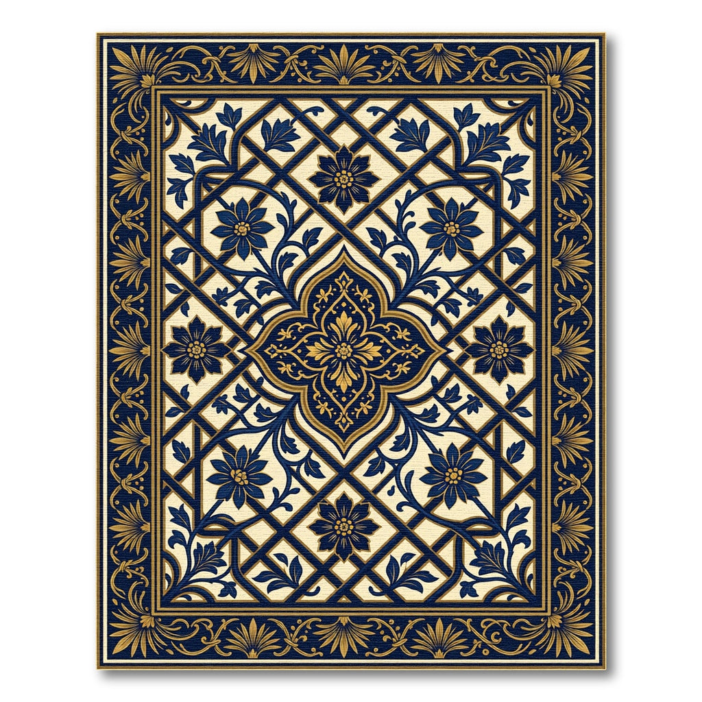 Elegant Navy Gold Floral Lattice Rug