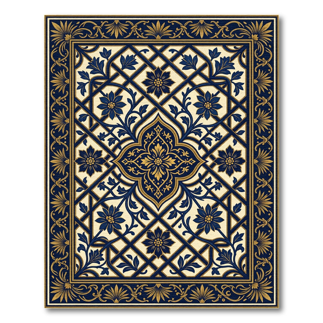 Elegant Navy Gold Floral Lattice Rug