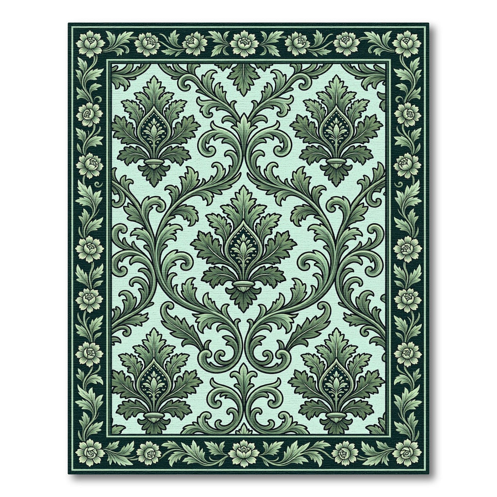 Ornate Green Floral Damask Rug