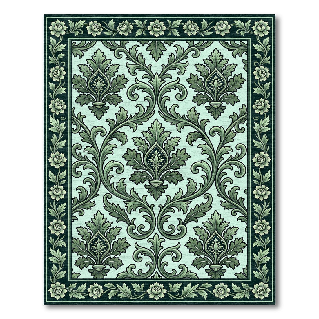 Ornate Green Floral Damask Rug