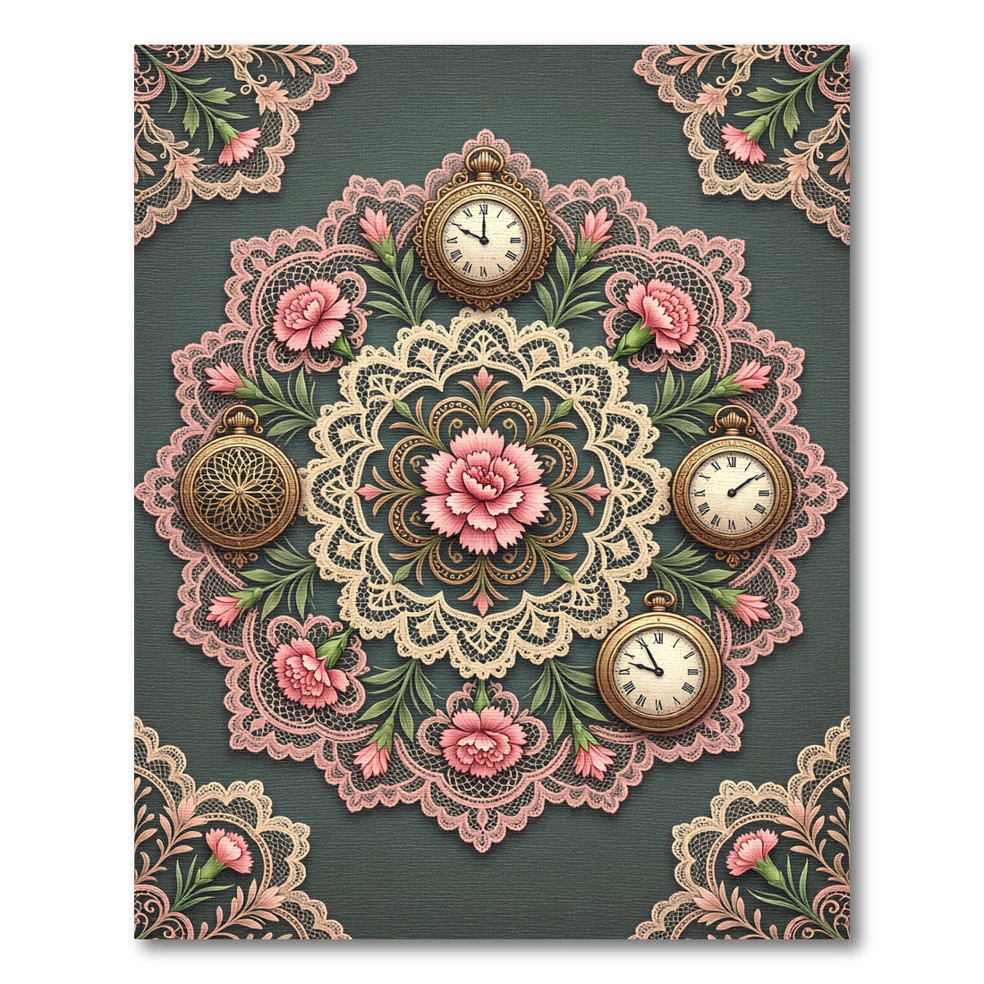 Pink Floral Pocket Watch Medallion Rug