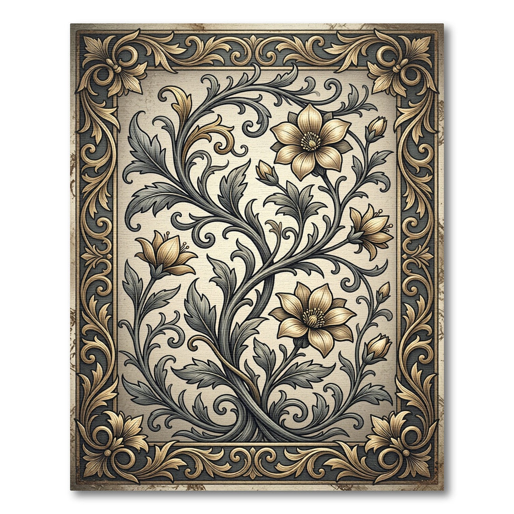 Golden Floral Scroll Enclosed Frame Rug