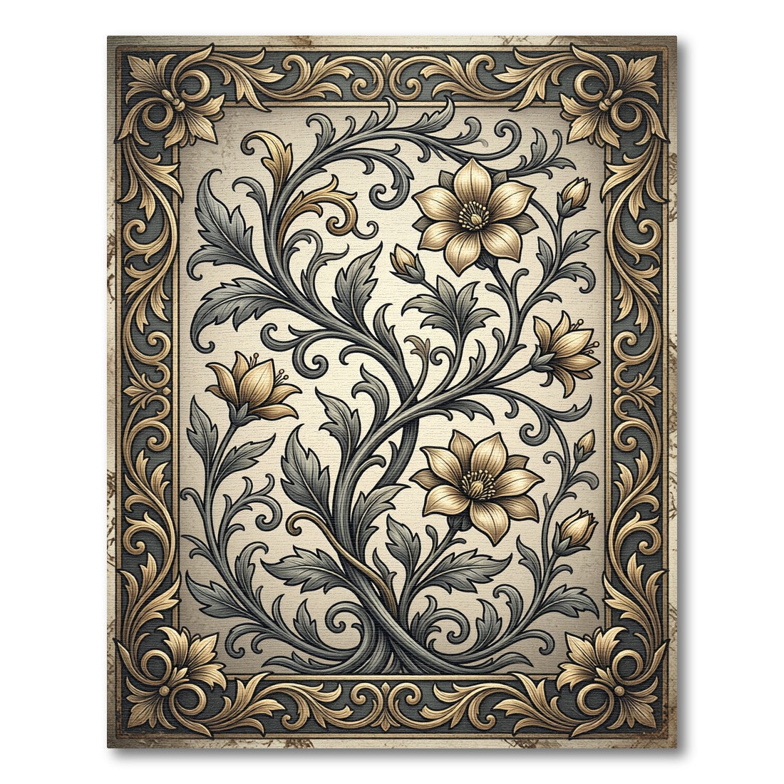 Golden Floral Scroll Enclosed Frame Rug