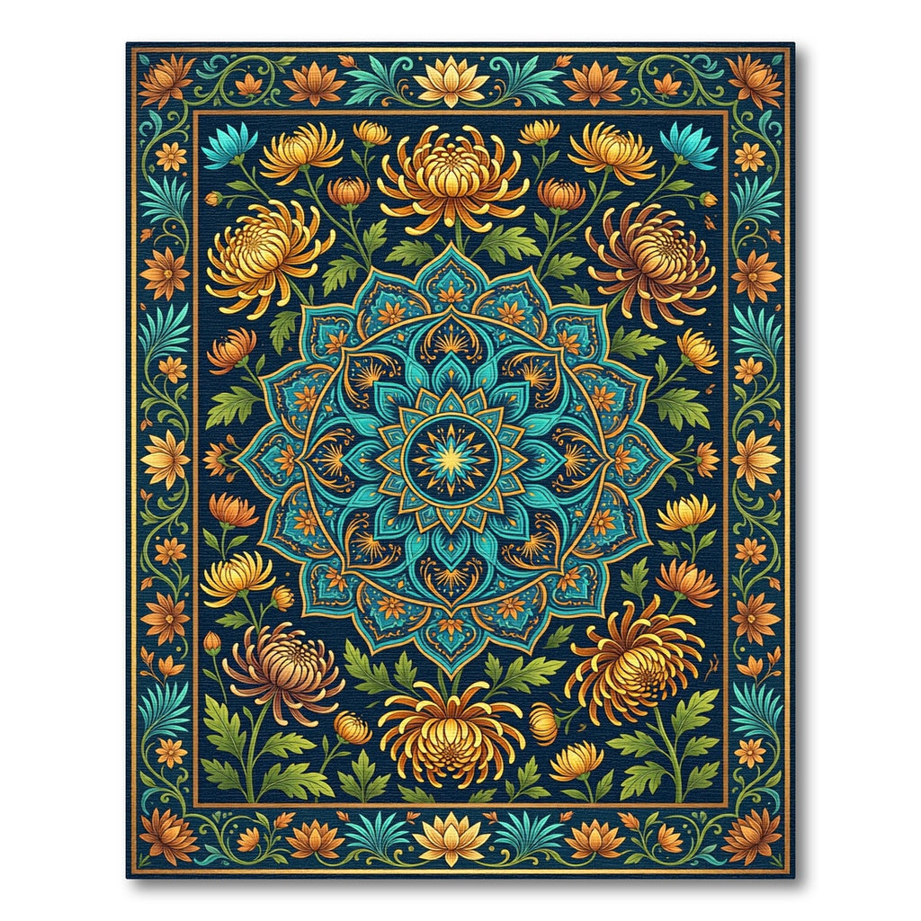 Golden Chrysanthemum Teal Floral Medallion Rug