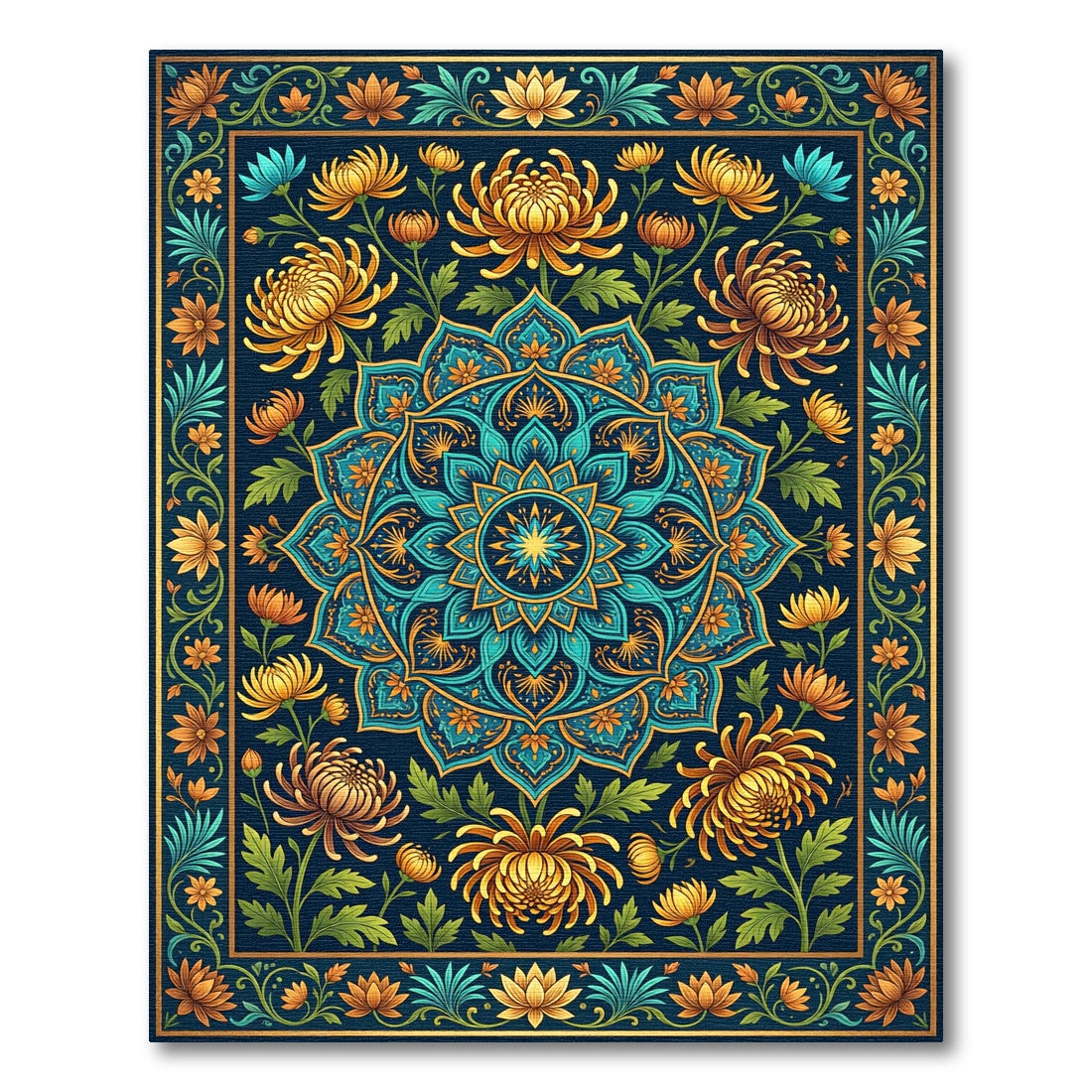 Golden Chrysanthemum Teal Floral Medallion Rug