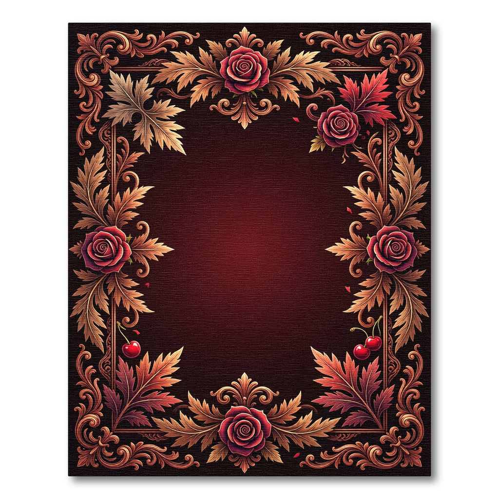 Ornate Red Cherry Rose Scrollwork Rug