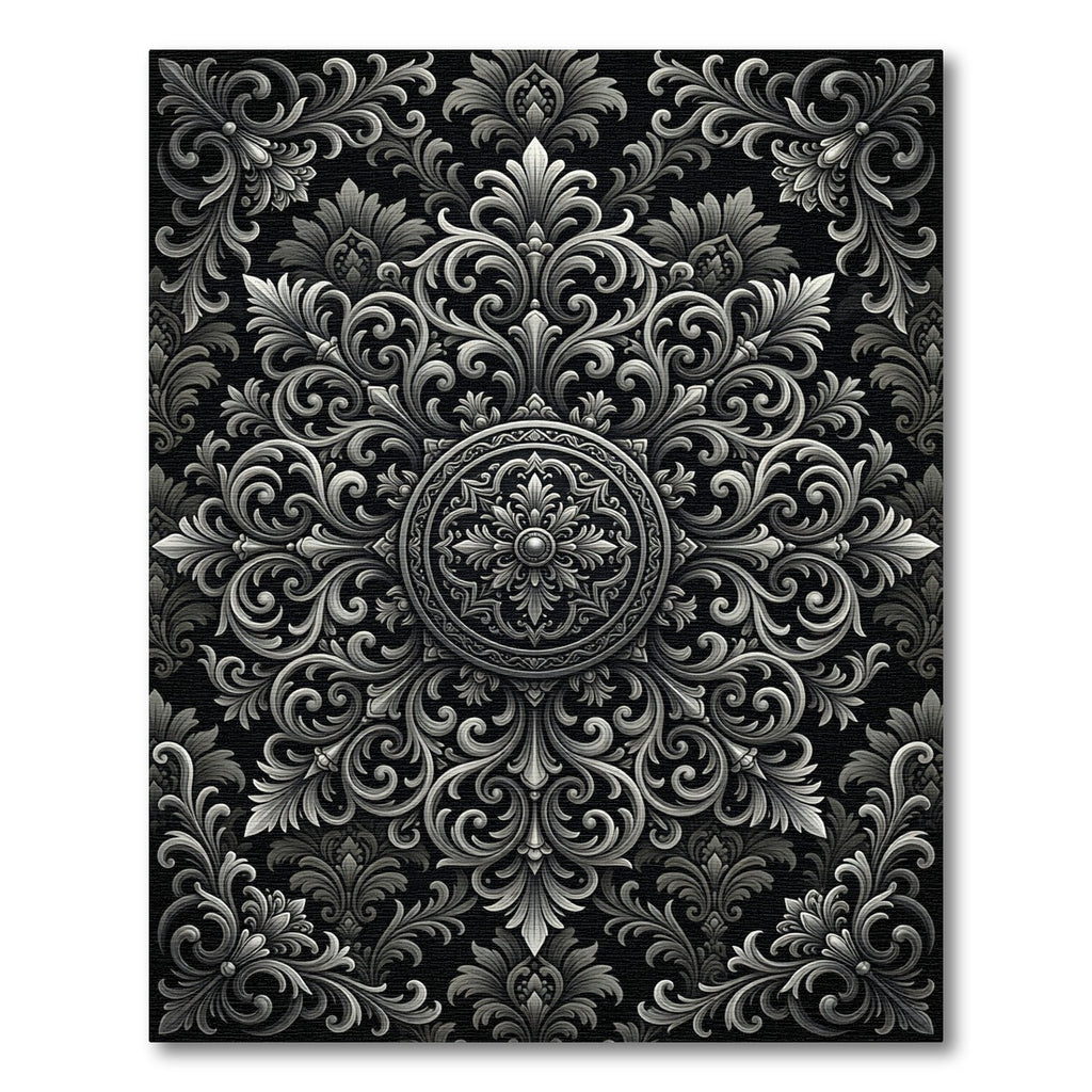 Elegant Monochrome Silver Baroque Medallion Rug