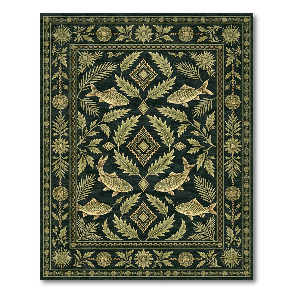Deep Emerald Fish Floral Border Rug