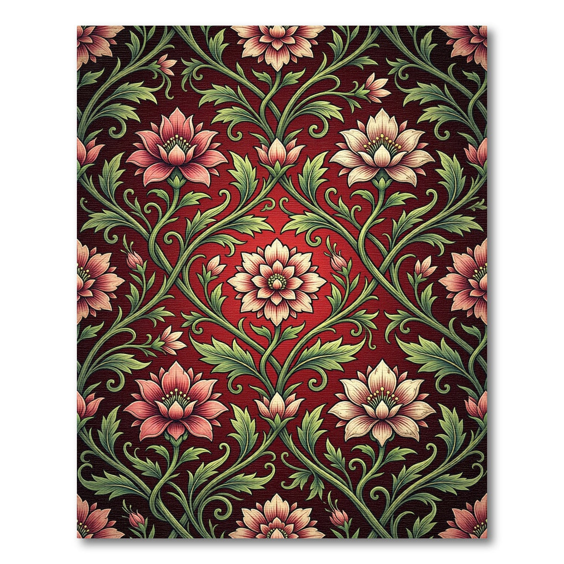 Deep Crimson Floral Damask Botanical Rug
