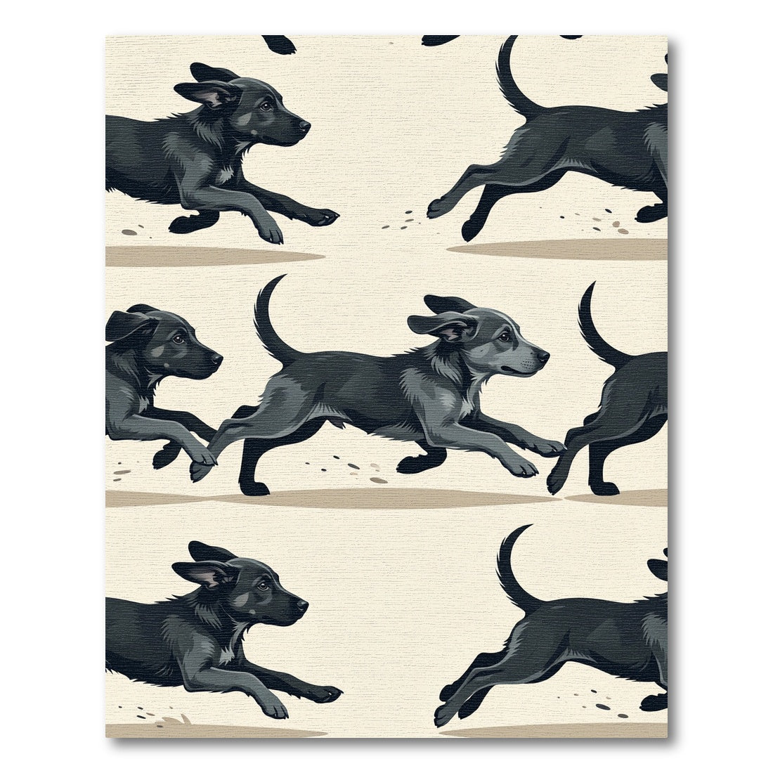 Playful Running Black Puppy Minimalist Rug
