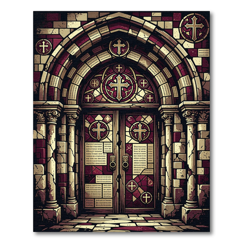 Gothic Arch Crimson Cross Stone Tapestry Rug