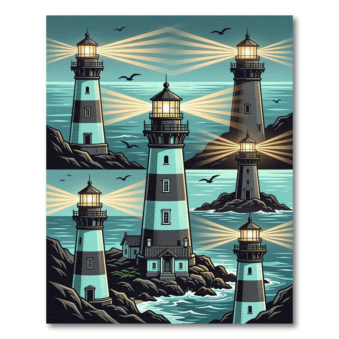 Coastal Lighthouse Scene in Teal and Navy Rug