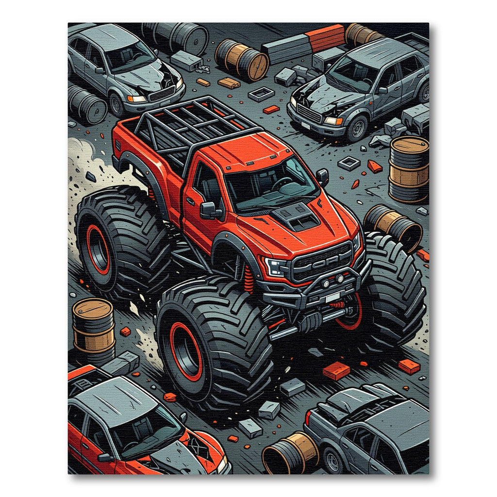 Vibrant Red Monster Truck Action Scene Rug