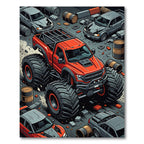 Vibrant Red Monster Truck Action Scene Rug