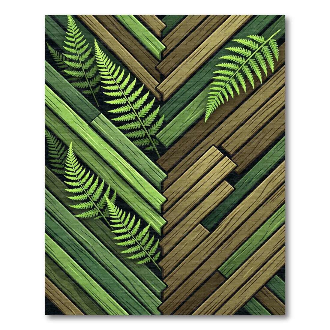 Botanical Fern Leaf Herringbone Wood Plank Rug