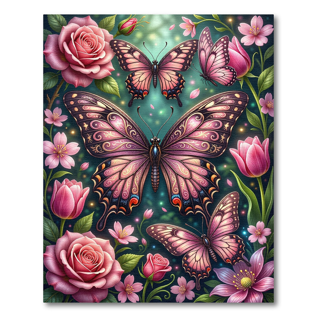 Pink Floral Butterfly Garden Whimsy Rug