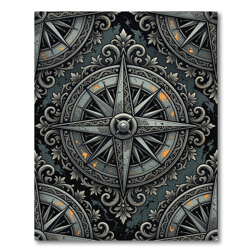 Antique Silver Ornate Compass Floral Ornament Rug