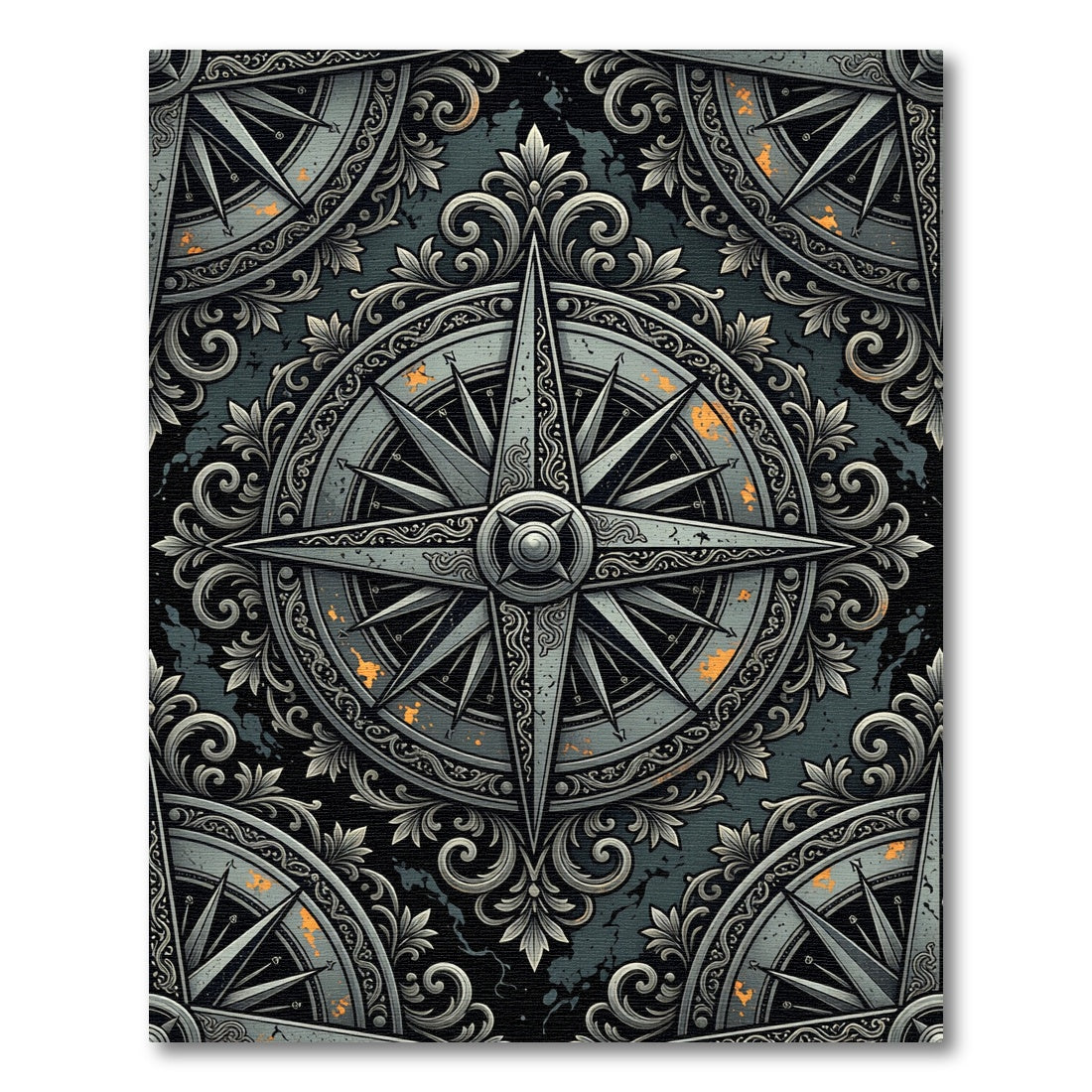 Antique Silver Ornate Compass Floral Ornament Rug
